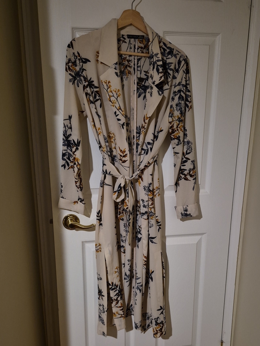 Black Tape Floral Belted Longline Duster Jacket Slits Trench Cardigan M